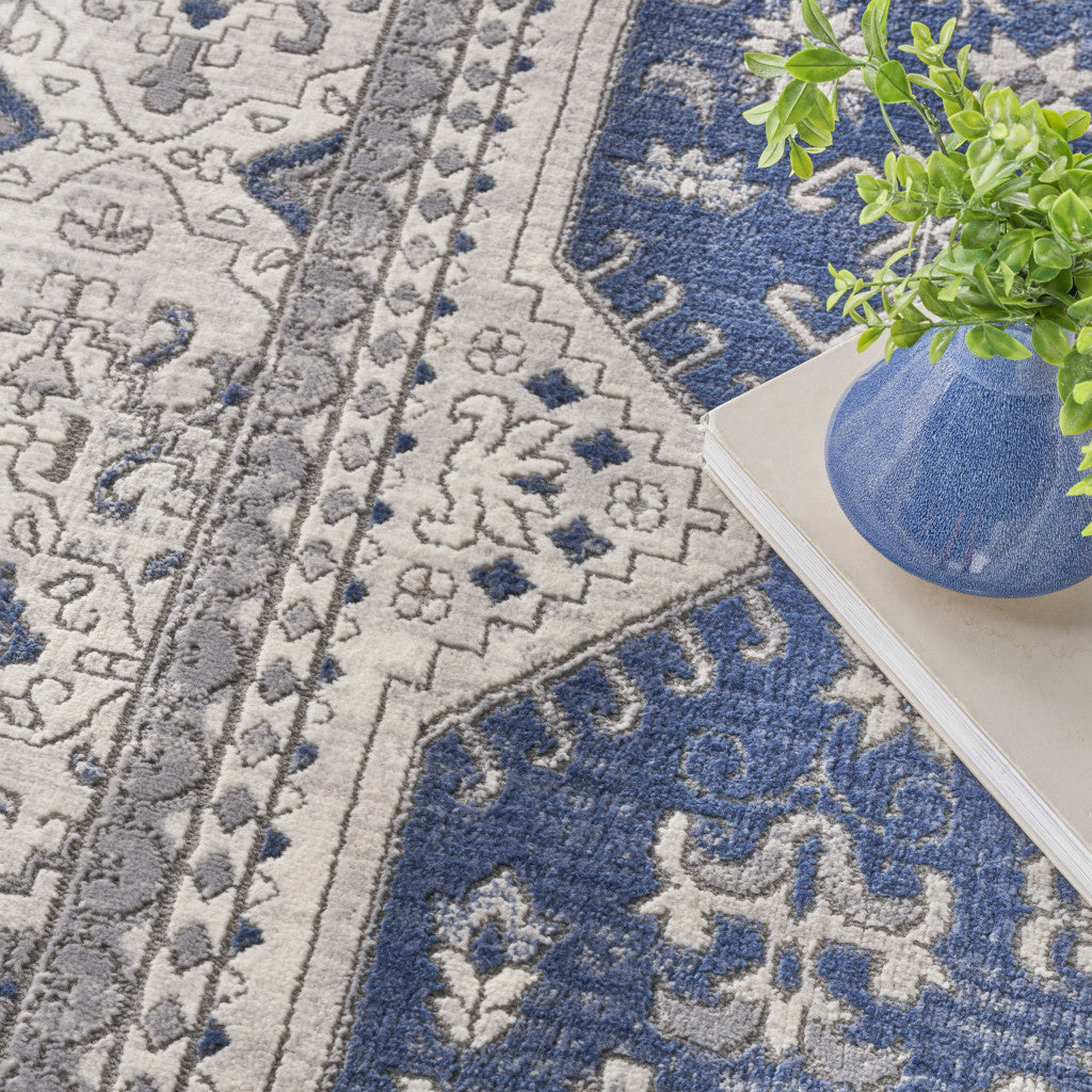 9' x 12' Ivory Blue and Gray Oriental Power Loom Area Rug
