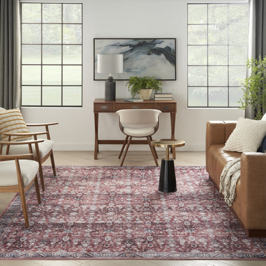 8' x 10' Red and Ivory Oriental Power Loom Distressed Washable Non Skid Area Rug