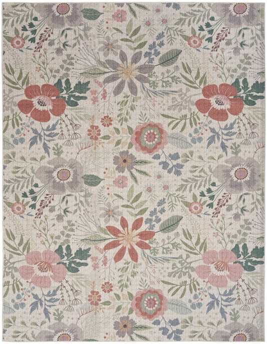 6' x 9' Ivory Green and Red Floral Power Loom Washable Non Skid Area Rug