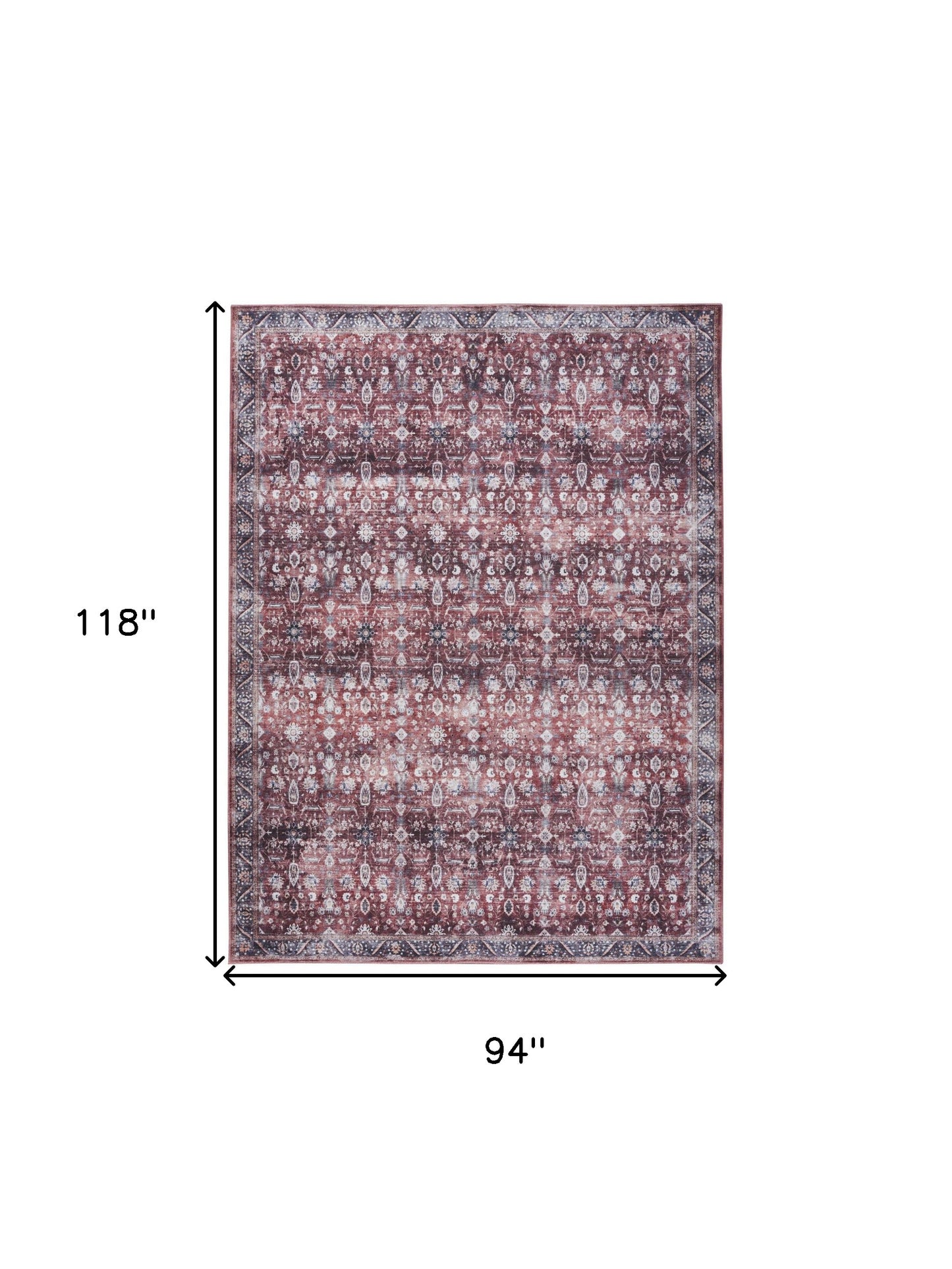 8' x 10' Red and Ivory Oriental Power Loom Distressed Washable Non Skid Area Rug