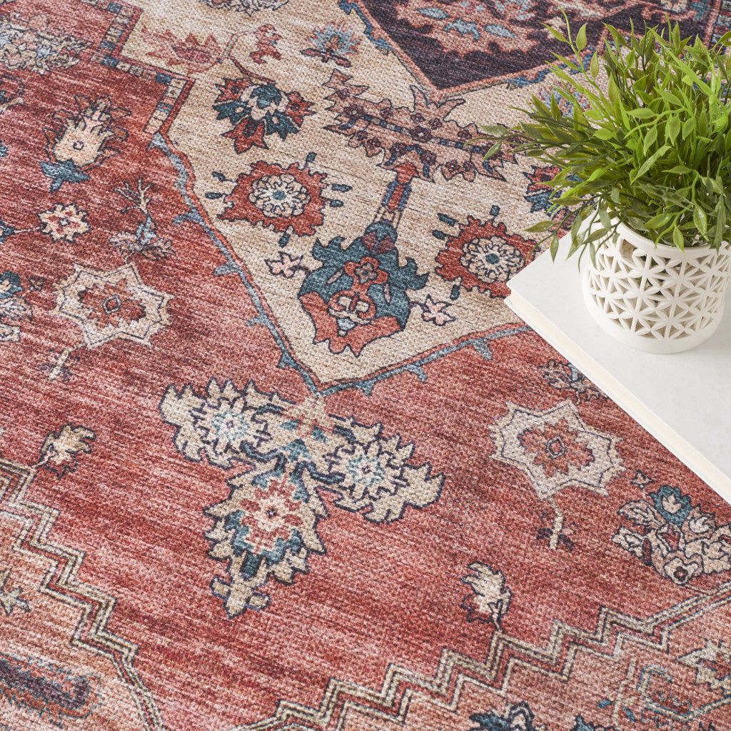 4' x 6' Blue and Red Oriental Power Loom Distressed Washable Non Skid Area Rug
