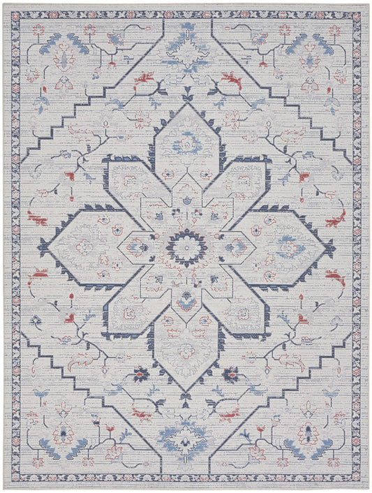 8' x 10' Ivory and Blue Oriental Power Loom Washable Area Rug