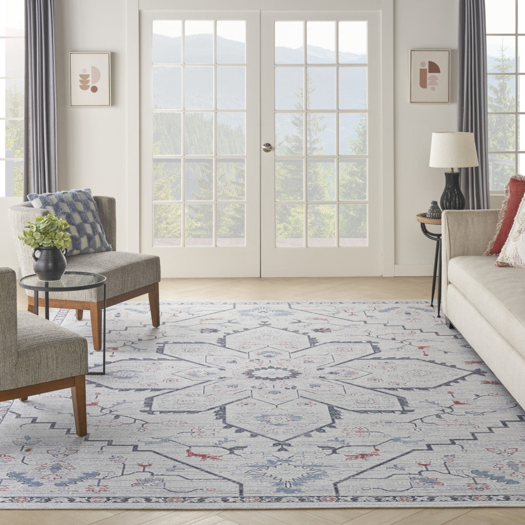 8' x 10' Ivory and Blue Oriental Power Loom Washable Area Rug