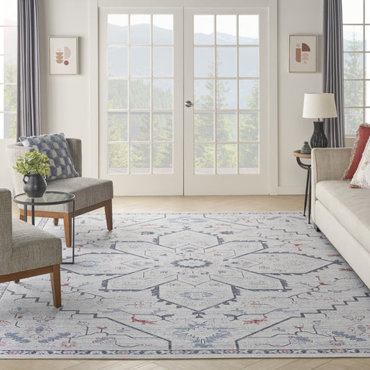 8' x 10' Ivory and Blue Oriental Power Loom Washable Area Rug