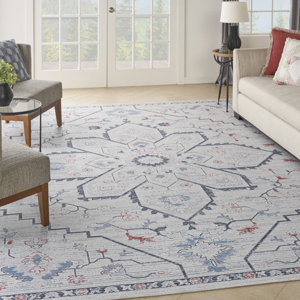 8' x 10' Ivory and Blue Oriental Power Loom Washable Area Rug