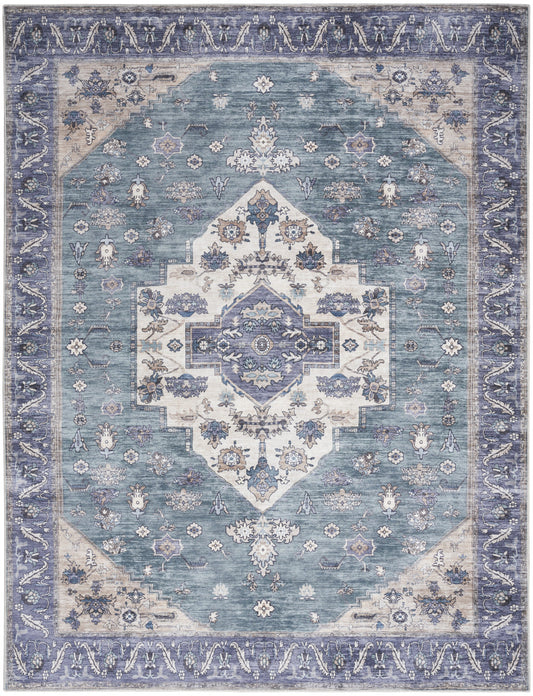 8' x 10' Blue and Green Oriental Power Loom Distressed Washable Non Skid Area Rug
