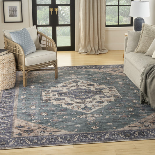 8' x 10' Blue and Green Oriental Power Loom Distressed Washable Non Skid Area Rug