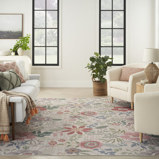 8' x 10' Ivory Green and Red Floral Power Loom Washable Non Skid Area Rug