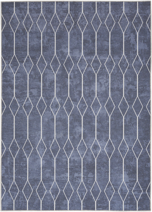 6' x 9' Blue and Ivory Geometric Power Loom Washable Area Rug