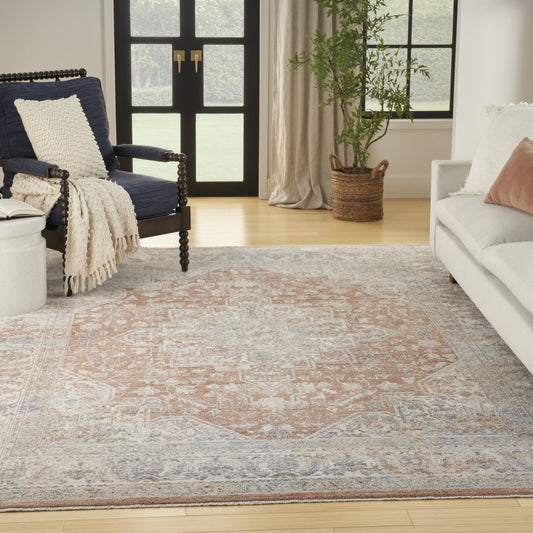 5' x 8' Brown and Blue Oriental Power Loom Distressed Area Rug With Fringe