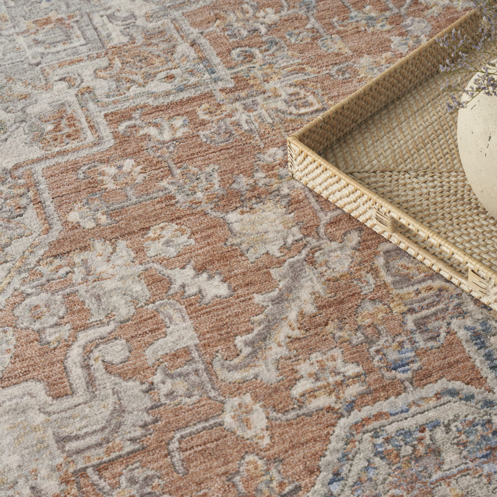 5' x 8' Brown and Blue Oriental Power Loom Distressed Area Rug With Fringe