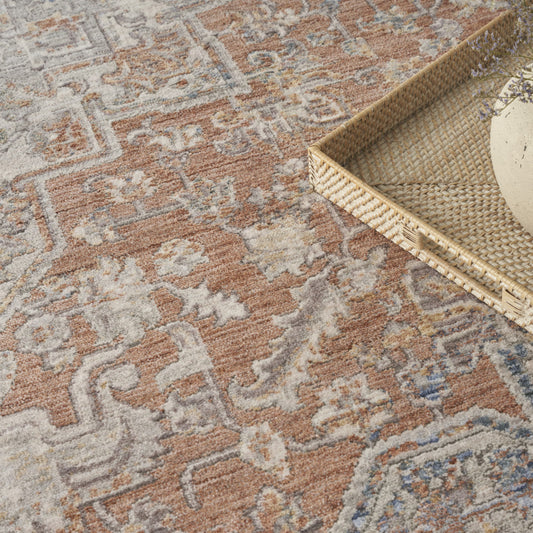5' x 8' Brown and Blue Oriental Power Loom Distressed Area Rug With Fringe