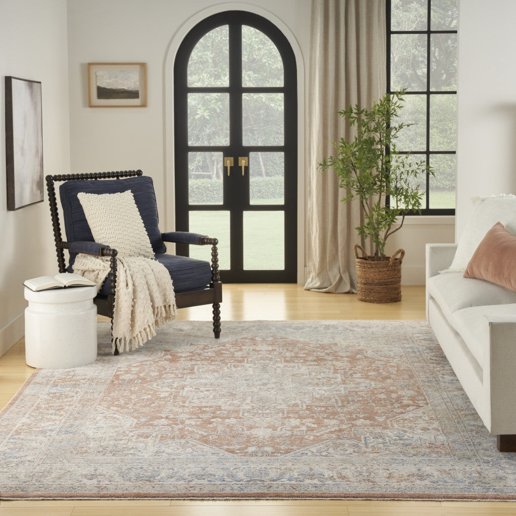 5' x 8' Brown and Blue Oriental Power Loom Distressed Area Rug With Fringe