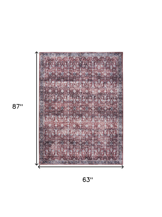 5' x 7' Red and Ivory Oriental Power Loom Distressed Washable Non Skid Area Rug