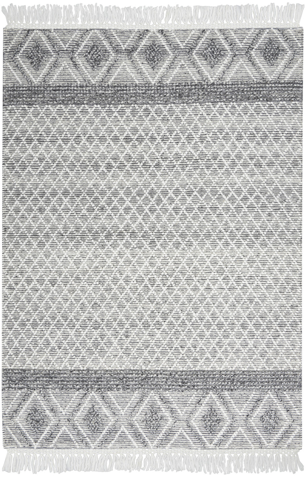 4' x 6' Gray and Ivory Geometric Hand Woven Area Rug With Fringe