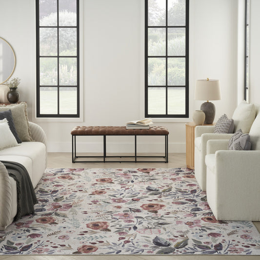 8' x 10' Ivory Pink and Green Floral Power Loom Washable Non Skid Area Rug