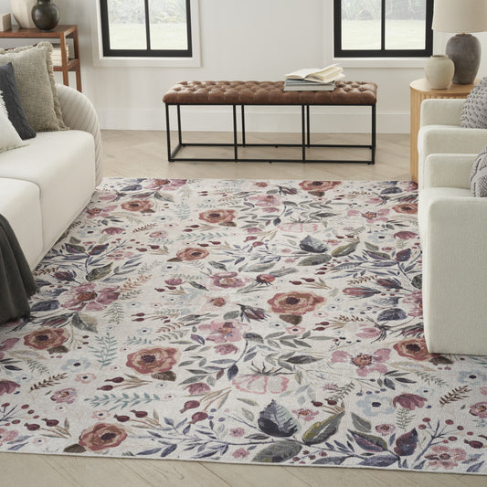 8' x 10' Ivory Pink and Green Floral Power Loom Washable Non Skid Area Rug
