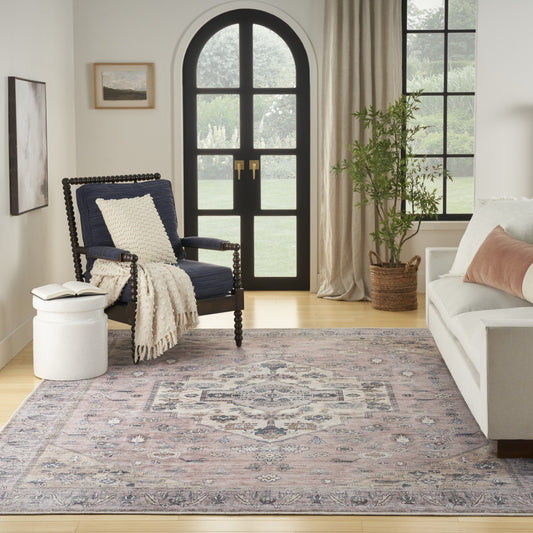 5' x 7' Pink and Blue Oriental Power Loom Distressed Washable Non Skid Area Rug