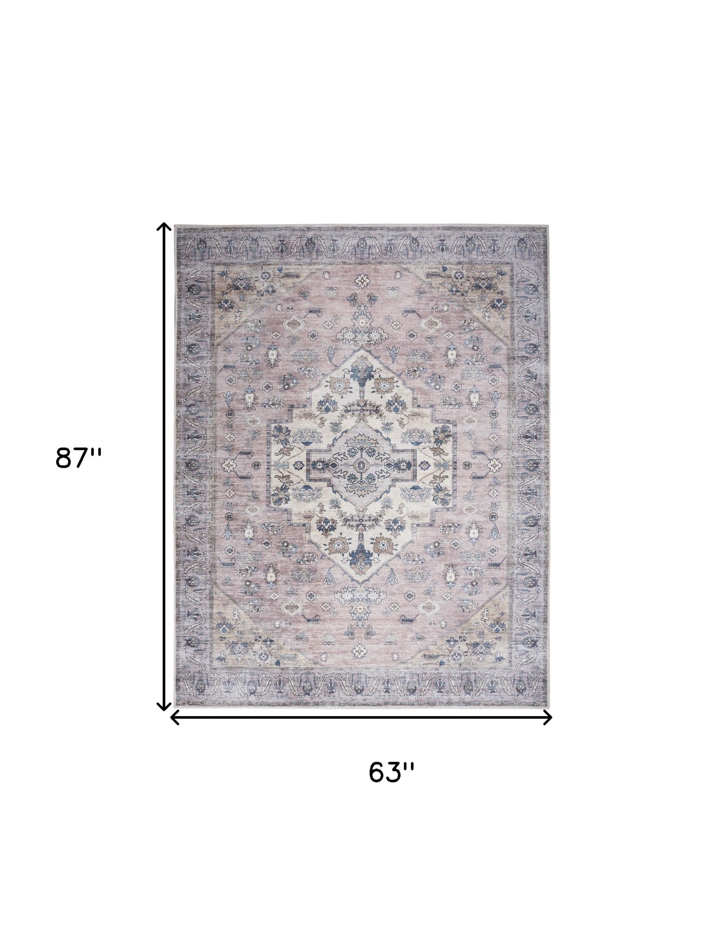 5' x 7' Pink and Blue Oriental Power Loom Distressed Washable Non Skid Area Rug