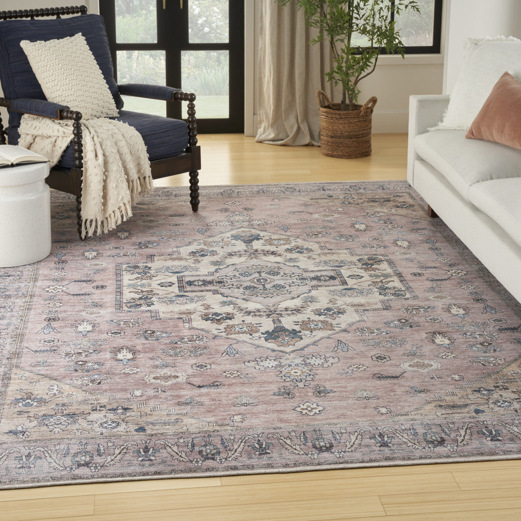 5' x 7' Pink and Blue Oriental Power Loom Distressed Washable Non Skid Area Rug