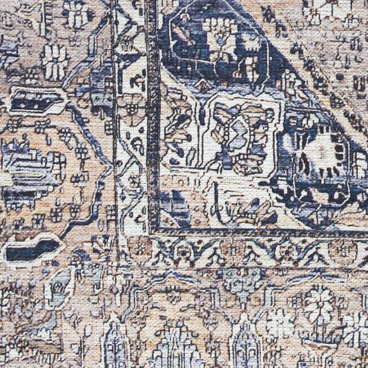 5' x 7' Ivory and Blue Oriental Power Loom Distressed Washable Non Skid Area Rug