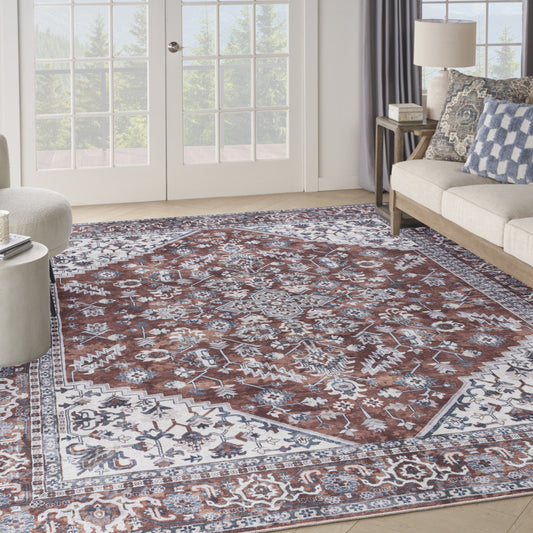 9' x 12' Red and Ivory Floral Power Loom Distressed Washable Area Rug