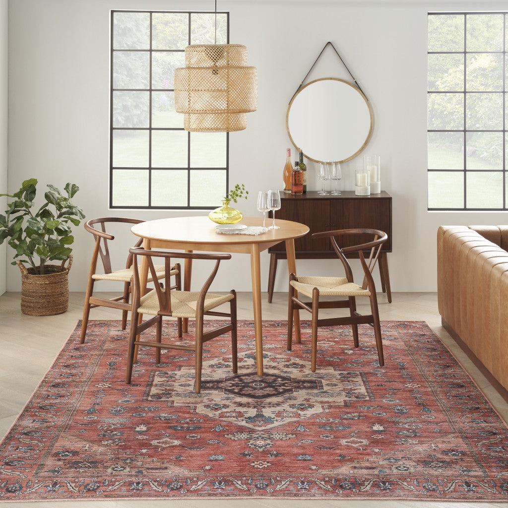 5' x 7' Blue and Red Oriental Power Loom Distressed Washable Non Skid Area Rug