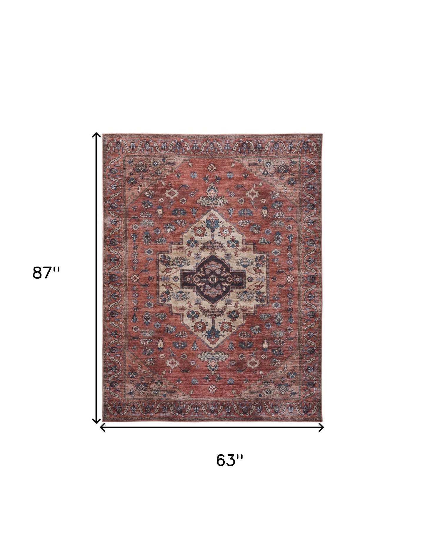 5' x 7' Blue and Red Oriental Power Loom Distressed Washable Non Skid Area Rug