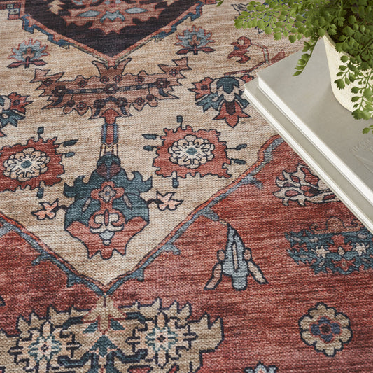 5' x 7' Blue and Red Oriental Power Loom Distressed Washable Non Skid Area Rug