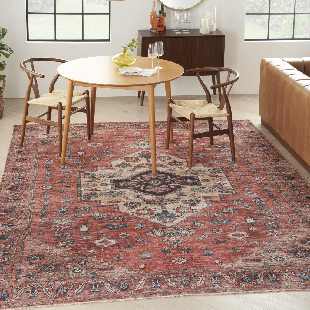 5' x 7' Blue and Red Oriental Power Loom Distressed Washable Non Skid Area Rug