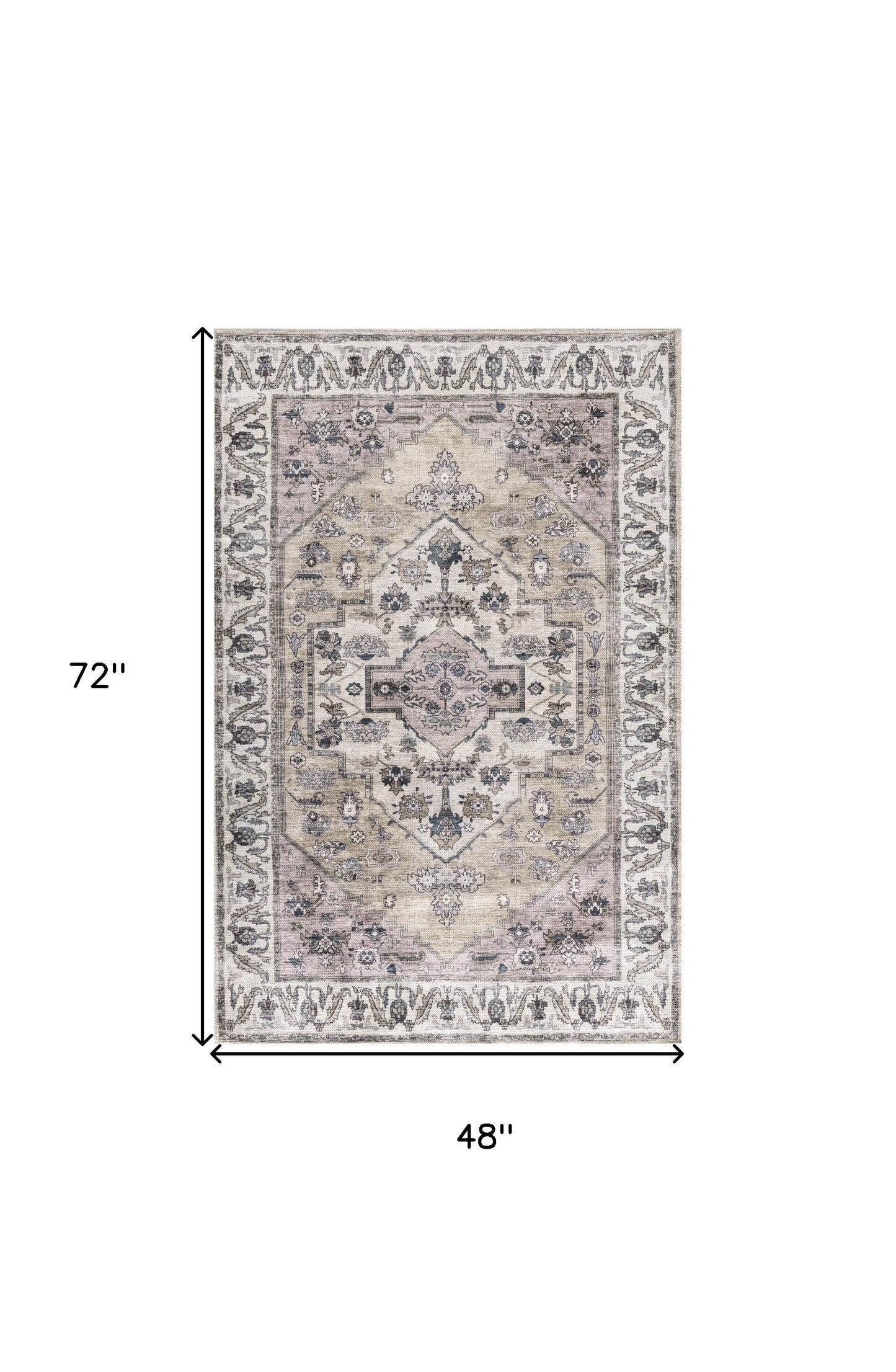 4' x 6' Beige and Gray Oriental Power Loom Distressed Washable Non Skid Area Rug