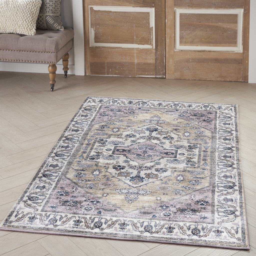 4' x 6' Beige and Gray Oriental Power Loom Distressed Washable Non Skid Area Rug
