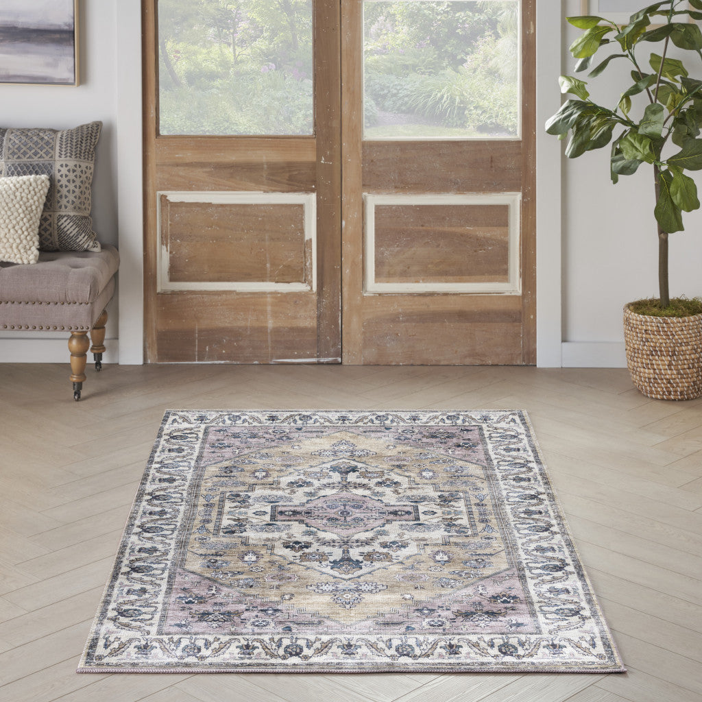 4' x 6' Beige and Gray Oriental Power Loom Distressed Washable Non Skid Area Rug