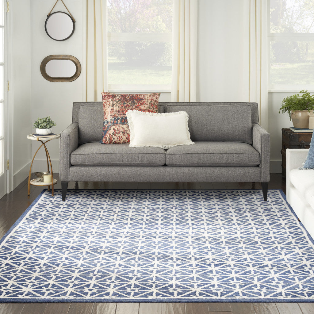 8' x 10' Blue and Off White Geometric Hand Tufted Area Rug