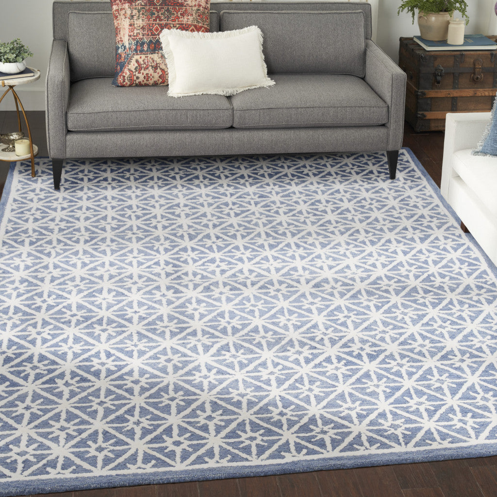 8' x 10' Blue and Off White Geometric Hand Tufted Area Rug