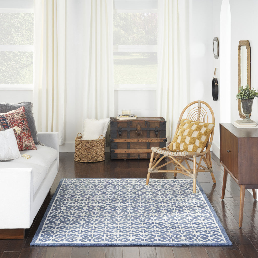 4' x 6' Blue and Off White Geometric Hand Tufted Area Rug