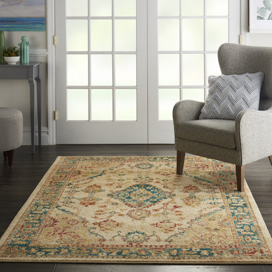 4' x 6' Ivory Green and Red Oriental Power Loom Area Rug