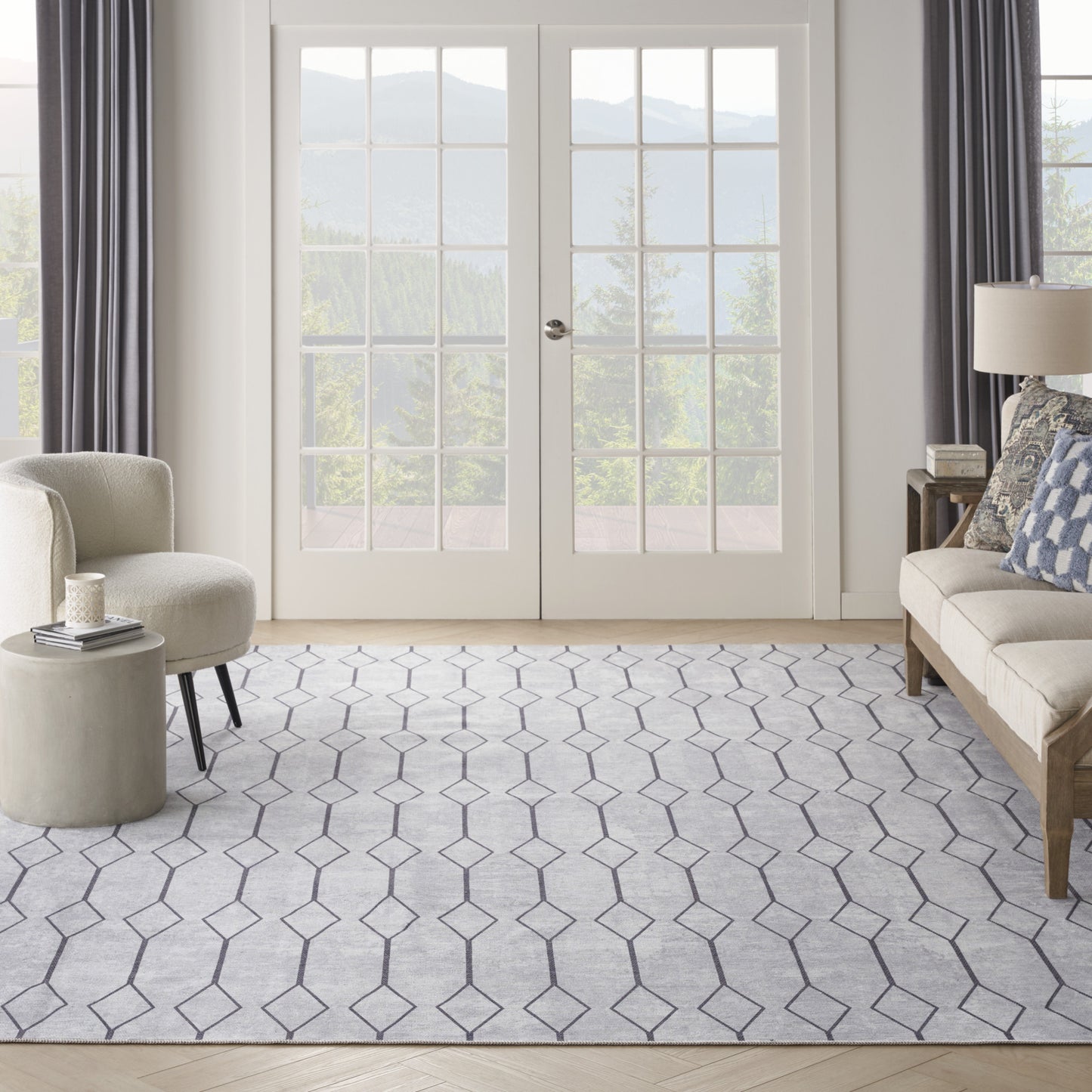 8' x 10' Ivory and Gray Geometric Power Loom Washable Area Rug
