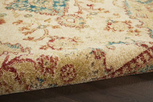 4' x 6' Ivory Green and Red Oriental Power Loom Area Rug