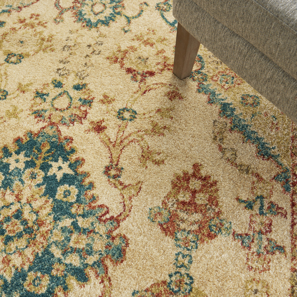 4' x 6' Ivory Green and Red Oriental Power Loom Area Rug