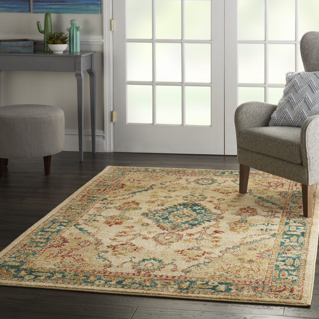 4' x 6' Ivory Green and Red Oriental Power Loom Area Rug