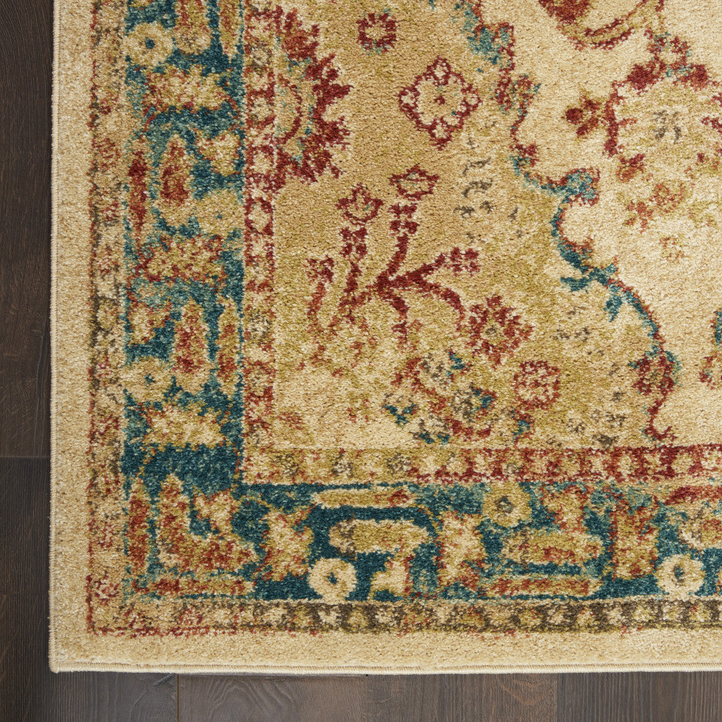 4' x 6' Ivory Green and Red Oriental Power Loom Area Rug