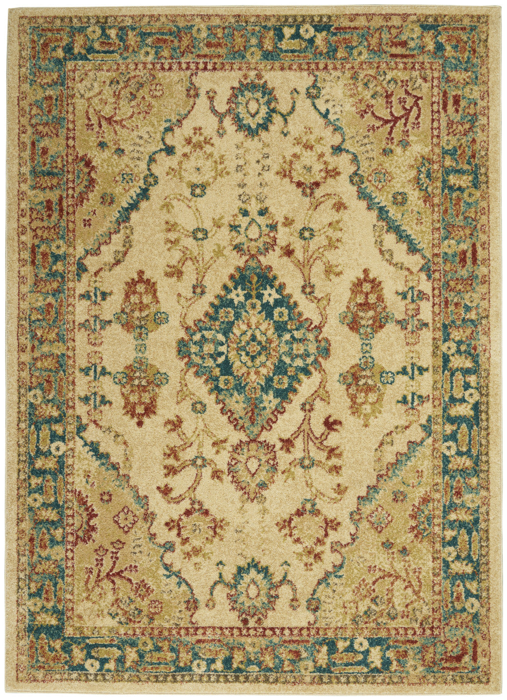 4' x 6' Ivory Green and Red Oriental Power Loom Area Rug