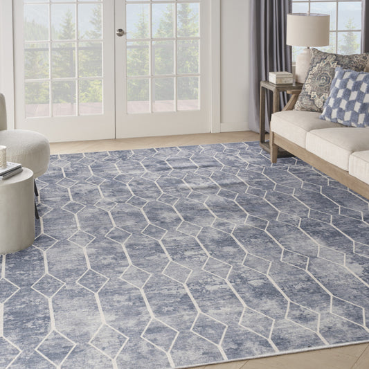 9' x 12' Blue and Beige Geometric Power Loom Washable Area Rug
