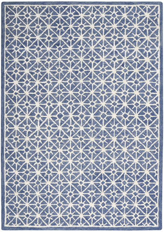 5' x 7' Blue and Off White Geometric Hand Tufted Area Rug