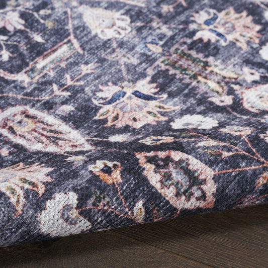 4' x 6' Blue and Ivory Oriental Power Loom Distressed Washable Non Skid Area Rug