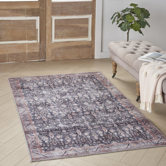 4' x 6' Blue and Ivory Oriental Power Loom Distressed Washable Non Skid Area Rug
