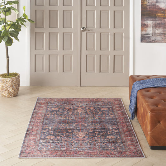 4' x 6' Blue and Red Oriental Power Loom Distressed Washable Non Skid Area Rug