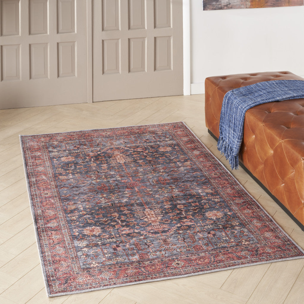 4' x 6' Blue and Red Oriental Power Loom Distressed Washable Non Skid Area Rug