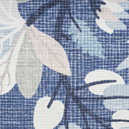 6' x 9' Blue and Off White Floral Power Loom Washable Non Skid Area Rug